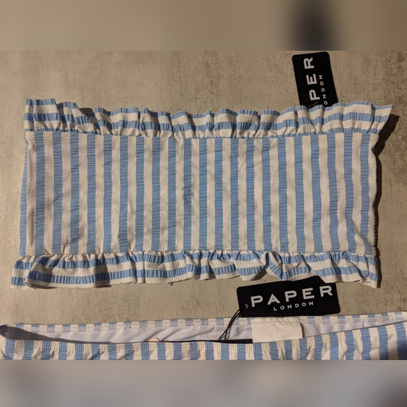 NWT Free People x Paper Blue White Striped Ruffle Bikini, L / XL - Picture 4 of 15